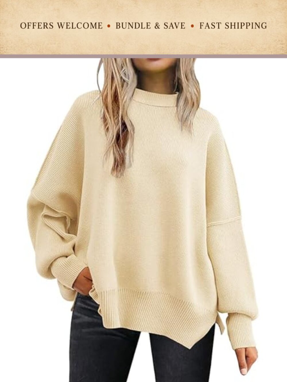 Women's Oversized Batwing Sweater Crewneck Long Sleeve Pullover Knit Top